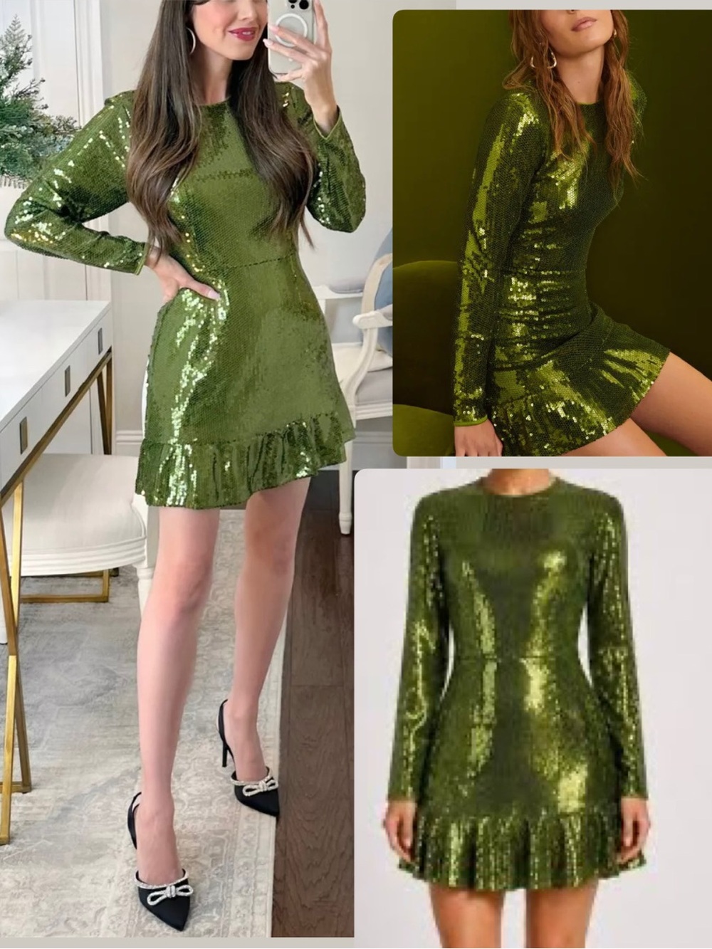 NWT! influencer favorite Green Sequin Long-Sleeve Ruffle Hem Mini Dress Sz M